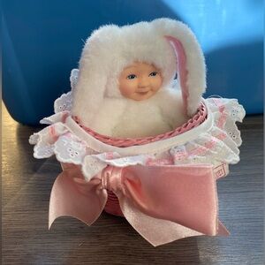 Anne Gettes Adorable Pink and White Bunny Doll Basket